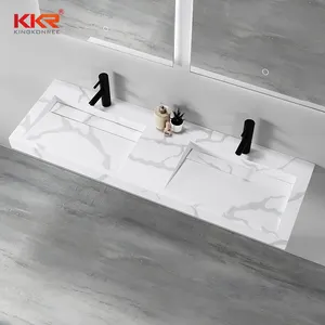 Desain Modern Bundar Bertekstur Marmer Dibuat Permukaan Padat Wastafel Ganda Kamar Mandi