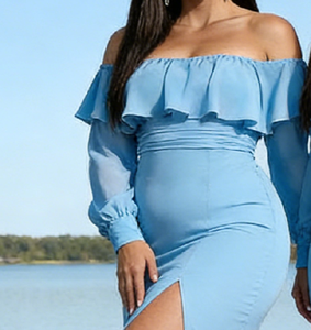 Robe de soirée élégante en mousseline de soie bleu ciel, épaules <span class=keywords><strong>d</strong></span>énudées, manches longues, fente latérale, pour les occasions spéciales - Product Image 3