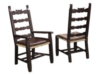 Fauteuil d'échelle en bois vieilli de style rétro américain, chaise de salle à manger avec assise en jonc tressé et coussin en cuir repoussé