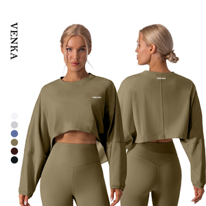Haut Court de <span class=keywords><strong>Sport</strong></span> Ample <span class=keywords><strong>Femme</strong></span> Personnalisable avec Logo, Manches Longues à Col Rond, pour Entraînement, Gym et Fitness - Product Image 1