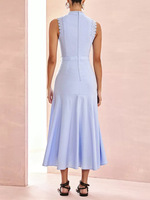 Nouvelle Robe Élégante Blanche Sans Manches à Col Montant et Taille Haute pour Femme, avec Dentelle de Haute Qualité et Découpes Élégantes