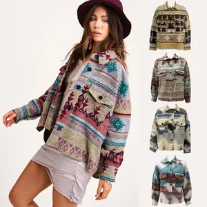 Woolen Loose Yarn Dyed Women's Coats Print Vintage Ethnic Geometric Wholesale Fall Winter Multi Color 100% Cotton Shell Casual