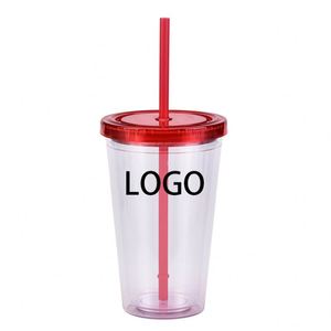 Offre Spéciale – Gobelet personnalisé avec logo imprimé, 16 oz, double paroi, en plastique acrylique transparent, avec trou et paille - Product Image 3
