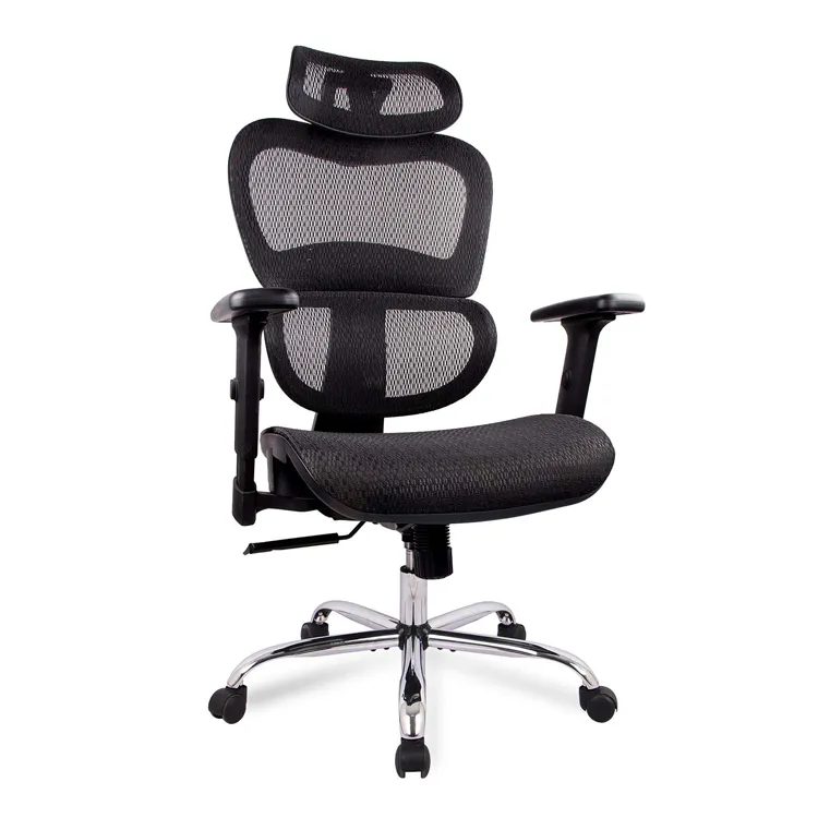 High-Grade Black Office Chair with Adjustable Headrest and Armrest Ergonomic Swivel Design Made of Leather Metal Modern Style