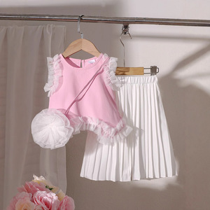 Nuovo Set Estivo per Ragazze: Canotta con Bordo in Pizzo, <span class=keywords><strong>Pantaloni</strong></span> Plissettati e Borsa a Tracolla, Set di Tre Pezzi - Product Image 6