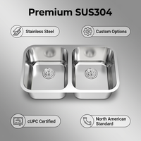 Évier de cuisine commercial double bac moderne fait main, installation sous plan, en acier inoxydable SUS304, surface polie