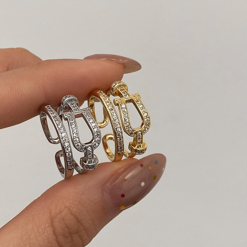 BinShuo New Design Fashion Ring Horseshoe Buckle U-Shaped Double Layer  Zircon Adjustable Brass Ring for Women