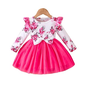 Exquisito Vestido de Malla con Lazo para Bebés Niñas, Manga Larga con Volantes y Patrón Floral en el Hombro, Vestido Diario Tejido para Niñas Pequeñas - Product Image 1