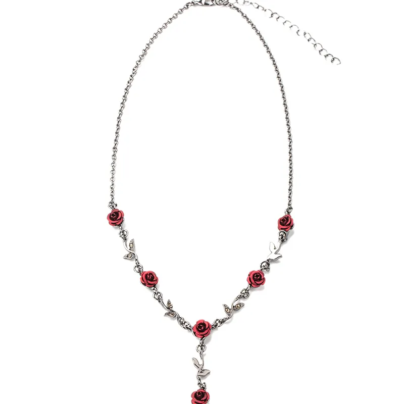 Vintage metal red rose flowers and black leaves necklace rose necklace