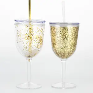 En gros pour la partie 13oz double paroi décoratif bling verre à vin en plastique avec couvercle et paille