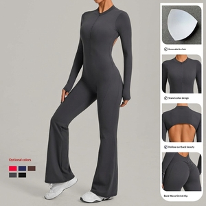 Tuta intera da yoga da donna a maniche lunghe, a gamba larga svasata, senza schienale, con collo alto, per corsa, allenamento e fitness - Product Image 4