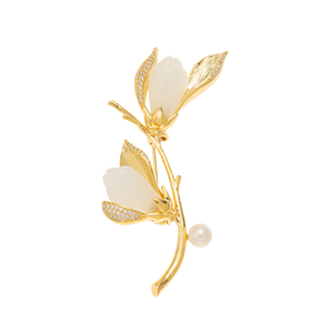 Broche Magnolia Personnalisée en Gros, Cuivre Plaqué Or Véritable avec Perle d'Eau Douce, Commande en Gros Disponible - Product Image 6