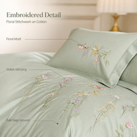 Parure de lit en coton vert doux avec broderie florale, teinture réactive, ensemble de 4 pièces pour une décoration de chambre fraîche