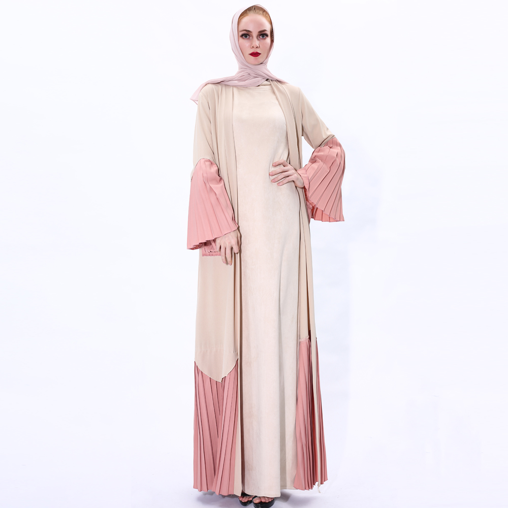 Muslim Women Abaya Dress Long Sleeve Robe Cardigan with belt Design Trumpet pleated Sleeve Lady Long Sleeve Maxi Dress 91225