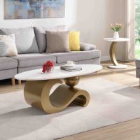Ensemble de 2 tables basses modernes, ovales et rondes, pour salon, couleur dorée