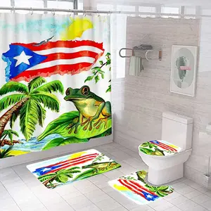 Puerto Rico Souvenir Flag Hibiscus Rooster Polyester Waterproof Frog Shower Curtain Set with Toilet Lid Cover Bath Mat