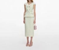 Ensemble élégant en tweed vert menthe 2 pièces : haut à col carré et boutons diamantés, jupe moulante, robe de soirée