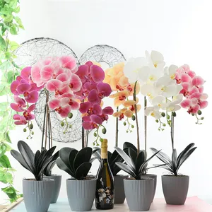 Single Package 8 Heads Real Touch Orchids Artificial Latex Orchid Green Leaves With Heavy Pot