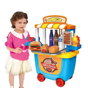 Juego de cocina de buena calidad para niños y niñas, 33 piezas, accesorios para verduras, juego de simulación, barbacoa, carrito