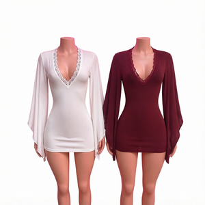 Nouvelle Robe Courte en Dentelle pour Femme, Couleur Unie, Sans Manches, Col en V Profond, Respirante, Écologique, Idéale pour Soirées et Clubs - Product Image 1