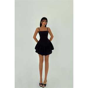 Vestido Elegante Negro Tatiana con Cintura Imperio para Mujer, Diseño Floral Sólido, Lujoso, ODM, Largo hasta la Rodilla, para el Día, Especial - Product Image 3