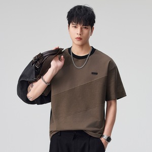 T-shirt Homme Col Rond Patchwork Coupe Décontractée Polyvalent Style Américain Rétro Printemps/Été Pur - Product Image 5
