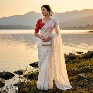Sari de tela satinada brillante Fandy con borde Jarkan hecho a mano y combinado con una blusa roja en contraste con detalles en el cuello. - Product Image 1