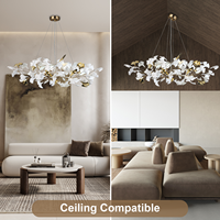 Lustre en céramique de luxe de 47 pouces en forme de feuille de Ginkgo, luminaire suspendu moderne en laiton pour salle à manger, salon, hôtel et décoration de villa