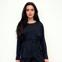 Ensemble de deux pièces décontracté ample : Haut à col rond avec cordon de serrage + Pantalon large à motif texturé, style Sari