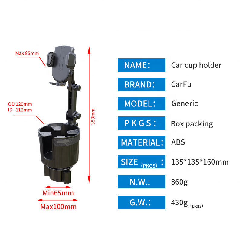 CarFu AC-2394 Multi-function Universal Car Cup Holder with Phone Holder | Adjustable Drink Holder |