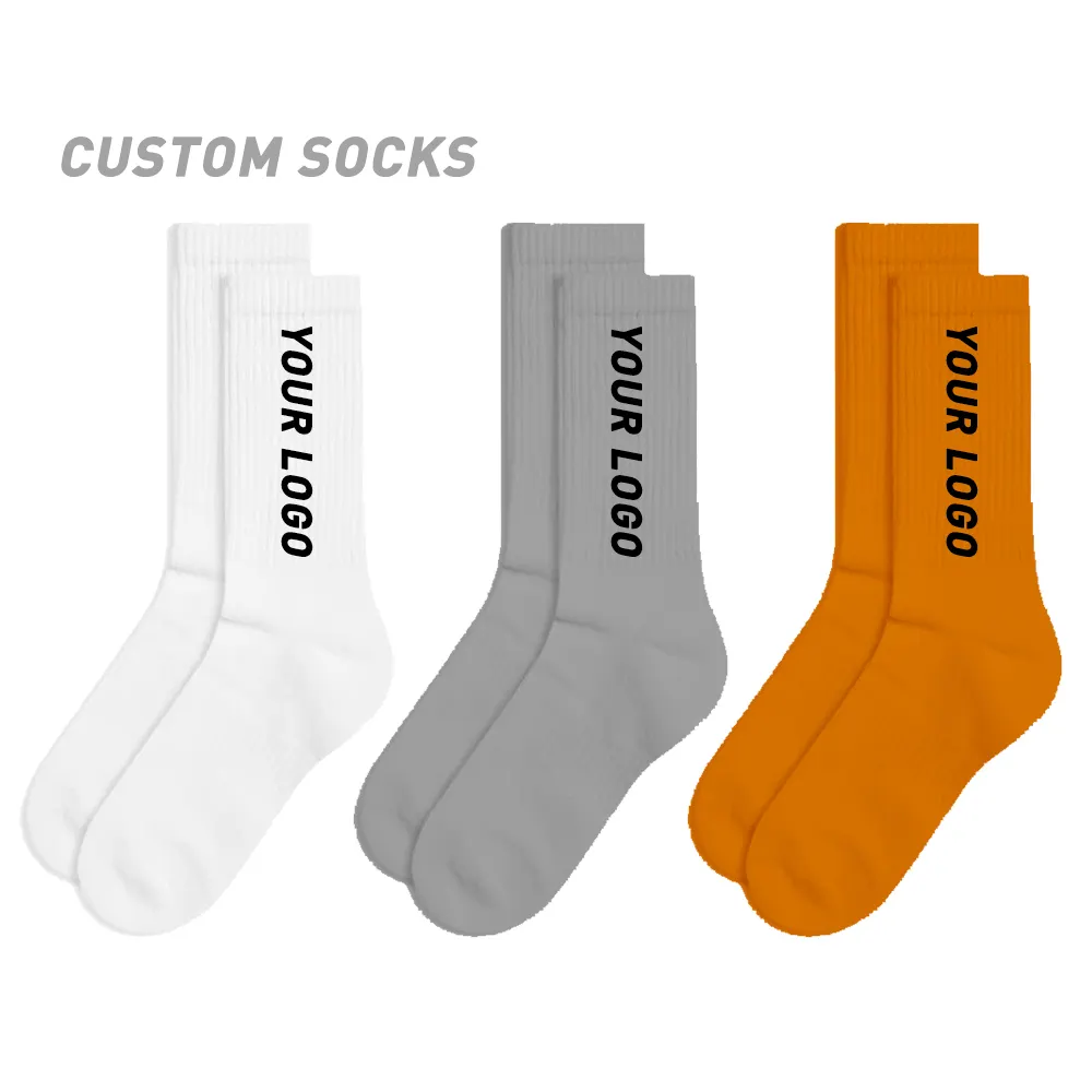 White black 100% cotton athletic crew socks with logo fashion OEM Custom socks men basketball socks
