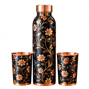 Elegent Copper <b>Water</b> <b>Bottle</b> Set with 2 Cups Black Floral Pattern <b>Metal</b> Flask Travel Drinkware - Product Image 1