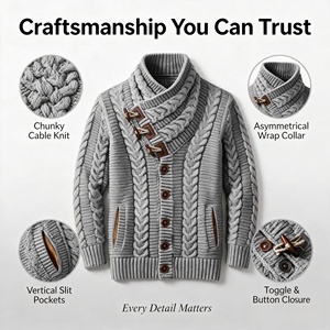 Cardigan en tricot torsadé 100 % polyester pour homme, col châle Aran épais, lourd, anti-boulochage, manches longues, personnalisable OEM ODM - Product Image 2