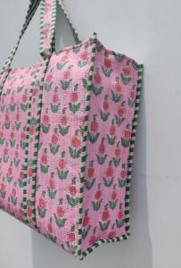 Hand-Printed Reversible Floral Quilted Cotton Grocery Shopping <b>Bags</b> Custom Pattern Reusable and <b>Sturdy</b> for Gifts or Travel - Product Image 3