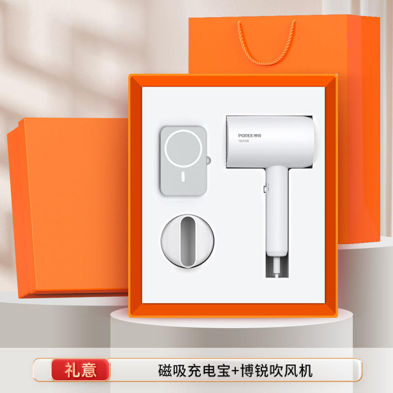 Borui Sèche-Cheveux 3C Charge Magnétique Batterie Externe [Ensemble Deux Pièces Blanc]