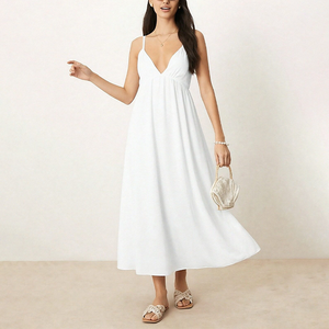 Vestido Largo con Tirantes Finos para Mujer, Nuevo Modelo 2026, Escote Profundo en V, Color Blanco, Vestido Fruncido, Elegante e Informal - Product Image 1