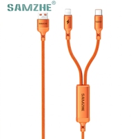 SAMZHE Cable de Carga USB-A 2 en 1 Trenzado Naranja de 1.5m, 100W 6A, Carga Rápida y Transferencia de Datos con Tipo-C/L para iPhone, iPad, CarPlay