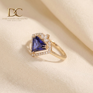 Bague en or jaune massif 14 carats avec diamant de laboratoire et saphir bleu royal, bijoux de luxe tendance pour femme, pour toutes les occasions - Product Image 6