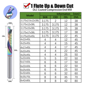 Fraise à queue en carbure monobloc à 1 dent, à coupe ascendante et descendante, avec revêtement DLC, pour routeur CNC, pour acrylique, PVC, bois, aluminium, outil de fraisage et de découpe - Product Image 2