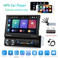 Podofo 1 Din Car MP5 Player 7 "Motorizado Pantalla táctil retráctil Radio de coche Estéreo Carplay Android Auto BT FM Soporte Cámara