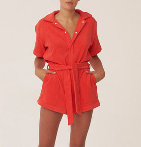Wholesale Cotton Bucket Hat Red Jersey <strong>Towelling</strong> Press-stud Placket Short Sleeves <strong>Onesie</strong> Tie Waist Belt Towel Romper Jumpers - Product Image 3