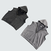 Gilet sans manches pour homme avec fermeture éclair et bords effilochés, style blazer vintage, 400 GSM, délavé rétro, épais, avec capuche, vente en gros