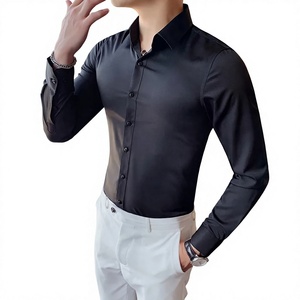 Chemise habillée noire en satin pour homme, manches longues, col rabattu, formelle, infroissable, couleur unie - Product Image 1