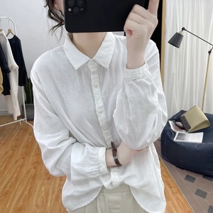 Women's Cotton Linen Shirt Long Sleeve Loose Fit Lace Trim Retro Style Everyday Wear Purple White Pink Bean Green - Product Image 5