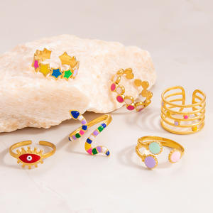 Fashion <b>Rings</b> Women's Gold Plated Star Heart Snake Pattern Party Jewelry Set Colorful Inlay Design Adjustable Size JZ21362 - Product Image 1