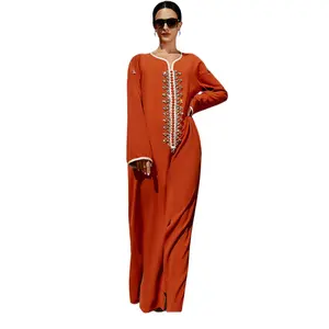Ba7055 Orange Hand-stitched Dress Neckline Tape Stitching Dubai Luxury Women's Arabic Long Dress