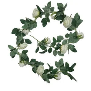 Hunan Zhangjiajie Fuyuan Yiwu silk flowers 6FT ivory rose garland artificial leaves vine hanging for wedding decor