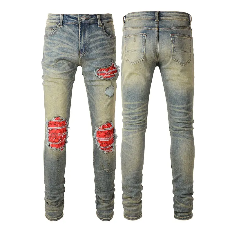 Aipa Nieuwe Italië Stijl Mannen Verontruste Vernietigd Broek Gekleurde Print Geribbelde Patches Skinny Blue Jeans Slim Broek Maat 28-40