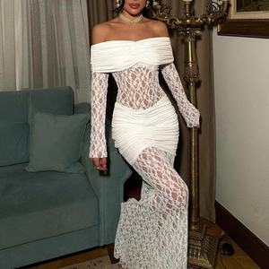 Vestido Largo Sexy de Moda 2026 para Mujer, con Hombros Descubiertos, Encaje y Parches, Vestido Elegante para Fiesta de Noche - Product Image 1