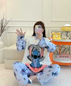 Conjuntos de Pijamas Casuales para Mujer, Lindos Pijamas de Cuello Redondo con Dibujos Animados para Primavera, Otoño e Invierno, Cómodos Conjuntos de Pijamas - Product Image 1